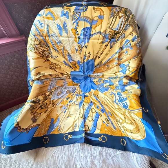 Hermès Carré Soleil de Soie Silk Scarf by Caty Latham Navy Blue